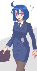 Rule 34 | 1girl, ahoge, blue hair, blue necktie, blue skirt, blue suit, breasts, collared shirt, fang, flying sweatdrops, formal, hcnone, highres, long sleeves, looking at viewer, medium breasts, necktie, office lady, original, parted lips, pencil skirt, pink eyes, pixel art, shirt, skin fang, skirt, skye (hcnone), solo, suit, white shirt