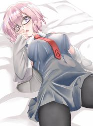 Rule 34 | 1girl, absurdres, black pantyhose, blush, breasts, commentary request, covered erect nipples, eyes visible through hair, fate/grand order, fate (series), glasses, grey jacket, hair between eyes, hair over one eye, highres, jacket, large breasts, long sleeves, looking at viewer, lying, mash kyrielight, necktie, on back, on bed, pantyhose, purple eyes, purple hair, red necktie, short hair, sleeves past wrists, solo, toratora (nanahaba)