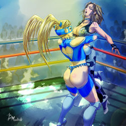 Rule 34 | 1990s (style), 2girls, ass, b madrid, bearhug, blonde hair, capcom, chaps, crossover, dixie clemets, highres, multiple girls, rainbow mika, retro artstyle, rumble roses, street fighter, street fighter zero (series), thong