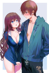 1boy 1girl a-chan_(little_busters!) absurdres alternate_costume aqua_jacket blue_eyes blue_jacket blush border breasts brown_eyes brown_hair cleavage closed_mouth collarbone collared_jacket commentary_request cowboy_shot dragon_print embarrassed eyelashes grey_background hair_between_eyes hair_over_shoulder hand_in_pocket height_difference hetero highres hood hood_down hooded_jacket jacket jacket_tug large_breasts little_busters! long_hair looking_at_another miiizuno_lbs natsume_kyousuke open_mouth outside_border partially_unzipped short_hair simple_background sleeves_past_wrists sweatdrop tareme tsurime very_long_hair white_border zipper