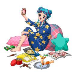 Rule 34 | 1girl, barefoot, blue hair, botan (yu yu hakusho), highres, official art, open mouth, pajamas, purple eyes, smile, yuu yuu hakusho