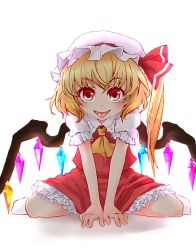 Rule 34 | 1girl, ascot, blonde hair, blush, crystal, fangs, flandre scarlet, frilled skirt, frills, hat, highres, izumikuma, long hair, looking at viewer, mob cap, open mouth, red eyes, red skirt, shirt, short sleeves, side ponytail, simple background, sitting, skirt, skirt set, socks, solo, tongue, tongue out, touhou, white background, white hat, white socks, wings, yellow ascot