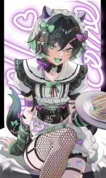 Rule 34 | 1boy, 2022, :3, absurdres, animal ears, black hair, bow, cat boy, cat ears, commission, crossdressing, detached sleeves, fishnet thighhighs, fishnets, food, green eyes, hair bow, hair ornament, heart, highres, kitou saji, looking at viewer, maid, maid headdress, open mouth, original, sandwich, short hair, sitting, skeb commission, sleeves past wrists, smile, solo, thigh strap, thighhighs, trap, tray