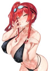 Rule 34 | 1girl, azur lane, bare shoulders, bikini, black bikini, breasts, chen bingyou, cleavage, closed mouth, covered erect nipples, curvy, goggles, goggles on head, hair between eyes, handjob gesture, highres, large breasts, leaning forward, looking at viewer, multi-strapped bikini, navel, o-ring, o-ring bikini, red hair, shiny skin, side ponytail, simple background, skindentation, solo, swimsuit, thighs, unfinished, wet, whistle, white background, zara (azur lane), zara (poolside coincidence) (azur lane)