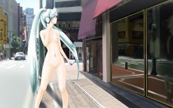 Rule 34 | 1girl, breasts, city, completely nude, flat chest, green eyes, green hair, hatsune miku, headphones, highres, jackson mica, long hair, matching hair/eyes, navel, nipples, nude, outdoors, photo-referenced, public indecency, pussy, real world location, shinjuku (tokyo), small breasts, solo, tokyo (city), twintails, uncensored, very long hair, vocaloid, zenra