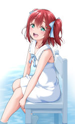 Rule 34 | 1girl, blue ribbon, blush, breasts, chair, collarbone, commentary request, dress, foot out of frame, gradient background, green eyes, hair between eyes, hair ornament, hair ribbon, happy, highres, knees together feet apart, kurosawa ruby, looking at viewer, love live!, love live! sunshine!!, open mouth, red hair, ribbon, shadow, short dress, short twintails, sidelocks, sitting, sleeveless, small breasts, smile, solo, tareme, twintails, water, white dress, yopparai oni