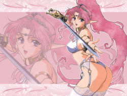 Rule 34 | 1girl, armlet, ass, bikini, blue eyes, blush, bracelet, earrings, garter belt, garter straps, high ponytail, holding, holding sword, holding weapon, jewelry, lace, lace-trimmed legwear, lace trim, long hair, looking at viewer, open mouth, pink hair, pointy ears, solo, swimsuit, sword, thighhighs, very long hair, weapon, yoshizane akihiro, zoom layer