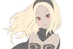 Rule 34 | 1girl, bare shoulders, blonde hair, blush, breasts, cleavage, commentary, english commentary, gravity daze, gravity daze 2, hairband, highres, kitten (gravity daze), looking at viewer, medium breasts, mixed-language commentary, red eyes, saitou shunsuke, scarf, smile, white background
