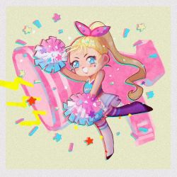 Rule 34 | 1girl, artist request, blonde hair, blue eyes, bow, cheerleader, cheerleader cookie, chibi, cookie run, full body, hair bow, happy, humanization, lips, looking at viewer, megaphone, non-web source, personification, pom pom (cheerleading), ponytail, smile, solo