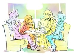 Rule 34 | 4girls, blake belladonna, cafe, color connection, commentary, couch, drinking, drinking straw, glasses, iesupa, menu, multiple girls, pepper shaker, roosterteeth, ruby rose, rwby, salt shaker, voice actor connection, table, weiss schnee, window, yang xiao long