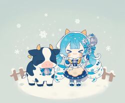 Rule 34 | &gt; &lt;, 1girl, :3, animal, beamed eighth notes, bell, blue bow, blue bowtie, blue hair, blue mittens, blue skirt, blurry, blurry background, boots, bow, bowtie, capelet, chibi, closed eyes, commentary, cow, cowbell, ear tag, eighth note, facing viewer, fake horns, fence, fortissimo, fur-trimmed boots, fur-trimmed capelet, fur trim, hair ornament, hatsune miku, headdress, highres, holding, holding staff, horns, ice cream cone, inomo (qimoshu), long hair, mittens, musical note, musical note hair ornament, neck bell, oversized object, skirt, smile, snow, snowflakes, snowing, solo, spoon, sprinkles, staff, standing, symbol-only commentary, twintails, very long hair, vocaloid, waffle cone, wavy hair, white hair, white headwear, yellow capelet, yuki miku, yuki miku (2024) (candidate no.4)