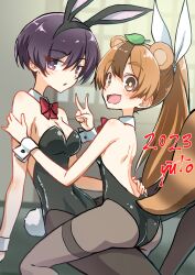 Rule 34 | 2023, 2girls, animal ears, artist name, backless leotard, black eyes, black hair, black leotard, black pantyhose, bow, bowtie, breasts, collar, commentary, covered navel, daikokutei bunko, detached collar, fake animal ears, fake tail, grey pantyhose, highres, knee up, leaf, leaf on head, leotard, long hair, looking at viewer, mameda (uchi no shishou wa shippo ga nai), medium breasts, multiple girls, open mouth, pantyhose, parted lips, playboy bunny, ponytail, rabbit ears, rabbit tail, red bow, red bowtie, short hair, sitting, smile, squirrel ears, squirrel girl, squirrel tail, straddling, strapless, strapless leotard, tail, thighband pantyhose, uchi no shishou wa shippo ga nai, v, white collar, wing collar, wrist cuffs, yuto (dialique)