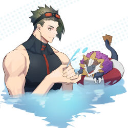 Rule 34 | 1boy, absurdres, achilles (fate), achilles (fearless diver) (fate), black shirt, collarbone, dragon, fate/grand order, fate (series), fingernails, goggles, goggles on head, green hair, haruakira, highres, large pectorals, looking at animal, male focus, muscular, muscular male, partially submerged, pectorals, shirt, sideburns, sleeveless, sleeveless shirt, solo, squirting liquid, striped innertube, tarasque (fate), undercut, white background