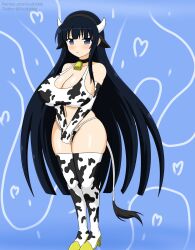 Rule 34 | 1girl, animal ears, animal print, bikini, black hair, blue background, breasts, cleavage, cow ears, cow girl, cow horns, cow print, cow print bikini, cow print thighhighs, cow tail, cowbell, dot nose, elbow gloves, female focus, full body, gloves, high heels, highres, horns, huge breasts, ikaruga (senran kagura), long hair, looking at viewer, own hands together, pale skin, print bikini, print thighhighs, senran kagura, solo, soulkibble, standing, swimsuit, tail, thick thighs, thighhighs, thighs, wide hips, yellow footwear
