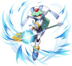 Rule 34 | 1girl, android, facing viewer, full body, green hair, helmet, highres, holding, holding weapon, leg up, mega man (series), mega man x (series), mega man x dive, mega man zx, mizuno keisuke, official art, pandora (mega man), red eyes, solo, staff, transparent background, weapon