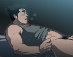 Rule 34 | 1boy, aizenhower, avatar legends, bara, bed, black hair, blush, bolin, green eyes, grey tank top, large pectorals, lying, male focus, male pubic hair, muscular, muscular male, navel, nude, on back, on bed, open mouth, pectorals, penis, pubic hair, short hair, solo, tank top, the legend of korra