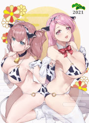 Rule 34 | 2021, 2girls, animal ears, animal print, ass-to-ass, atlanta (kancolle), back-to-back, bell, bikini, bow, bowtie, breasts, brown hair, cleavage, cow ears, cow horns, cow print, cowbell, detached collar, elbow gloves, fake animal ears, floral background, gloves, grey eyes, highres, horns, kantai collection, large breasts, long hair, luigi di savoia duca degli abruzzi (kancolle), multiple girls, picoli1313, pink eyes, pink hair, red neckwear, smile, swimsuit, thighhighs, two side up, white bikini, white gloves