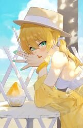 Rule 34 | 1girl, bangle, blonde hair, blue sky, blush, bowl, bracelet, breasts, brown hat, cloud, commentary request, day, drinking straw, food, green eyes, green nails, hat, highres, holding, holding drinking straw, jacket, jewelry, leaning forward, leaning on table, long hair, looking at viewer, looking to the side, ningen gokko, off shoulder, open mouth, original, outdoors, shaved ice, shirt, sky, sleeveless, sleeveless shirt, small breasts, solo, table, tongue, tongue out, twintails, upper body, white shirt, yellow jacket