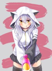 Rule 34 | 1girl, :q, animal ears, animal hood, azuma lim, azuma lim channel, black skirt, black thighhighs, blush, brown eyes, cat ears, cat hood, closed mouth, ear piercing, hair between eyes, highres, holding, hood, hood up, hoodie, long hair, long sleeves, looking at viewer, moti yousei, piercing, pleated skirt, silver hair, skirt, sleeves past wrists, smile, solo, thighhighs, tongue, tongue out, virtual youtuber, white hoodie