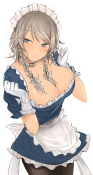 Rule 34 | 1girl, apron, black pantyhose, blue eyes, bow, braid, braided ponytail, breasts, cleavage, collar, collarbone, commentary request, cowboy shot, eyes visible through hair, frilled skirt, frills, gloves, hair ribbon, highres, izayoi sakuya, large breasts, light blush, looking to the side, low twintails, maid, maid apron, maid headdress, necro (nekurodayo), pantyhose, ribbon, short hair with long locks, side braid, silver hair, simple background, skirt, slit pupils, standing, swept bangs, touhou, tress ribbon, tsurime, twin braids, twintails, white background, white gloves
