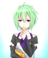 Rule 34 | 1girl, absurdres, bag, chips (food), eating, food, gradient background, green hair, highres, holding, holding bag, looking at viewer, macross, macross delta, pointy ears, potato chips, reina prowler, sharm (sharm0819), short hair, solo