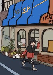 Rule 34 | 1girl, :o, awning, black eyes, black hair, black jacket, black leggings, dai-oki, day, grey footwear, grey shirt, hand up, highres, hood, hood down, hooded jacket, jacket, jitome, leggings, long hair, long sleeves, looking at viewer, multicolored clothes, multicolored jacket, nijisanji, outdoors, plant, pointing, pointing up, potted plant, red jacket, road, shirt, shoes, sneakers, solo, storefront, street, translation request, tsukino mito, tsukino mito (19th costume), two-tone jacket, urban, virtual youtuber, walking