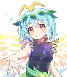 Rule 34 | 1girl, absurdres, aqua hair, arm up, black dress, blush, breasts, bug, butterfly, butterfly wings, closed mouth, dress, eternity larva, foreshortening, green dress, hair between eyes, hand up, highres, insect, insect wings, kaoling, leaf, leaf on head, looking at viewer, medium breasts, multicolored clothes, multicolored dress, multicolored wings, orange eyes, reaching, reaching towards viewer, redrawn, short hair, simple background, sleeveless, smile, solo, touhou, white background, wings