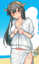 Rule 34 | 1girl, blush, bracelet, breasts, brown eyes, cleavage, collarbone, cowboy shot, grey hair, hair between eyes, haruna (kancolle), headgear, highres, jewelry, kantai collection, large breasts, long hair, no bra, open mouth, poco (backboa), ring, solo, sweater, wedding band, white sweater