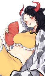 Rule 34 | 1girl, absurdres, animal ears, animal print, black hair, commentary request, cow ears, cow girl, cow horns, cow print, crop top, frilled shorts, frills, grey hair, haori, highres, horns, japanese clothes, long sleeves, midriff, multicolored hair, navel, parted bangs, pocche-ex, red eyes, red horns, shorts, simple background, solo, split-color hair, statue, stomach, tank top, tongue, tongue out, touhou, two-tone hair, ushizaki urumi, white background, yellow shorts, yellow tank top
