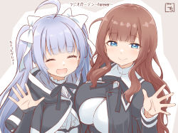 Rule 34 | 2girls, ahoge, artist name, assault lily, asymmetrical docking, black ribbon, black sleeves, blue eyes, blunt bangs, bow, breast press, breasts, brown background, brown hair, buttons, center frills, closed eyes, closed mouth, commentary request, cropped jacket, detached sleeves, facing viewer, frilled shirt, frilled shirt collar, frills, gochisousama (tanin050), hair bow, hand up, juliet sleeves, kaede johan nouvel, large breasts, light blush, long hair, long sleeves, looking at viewer, miriam hildegard von gropius, multiple girls, neck ribbon, open hand, open mouth, puffy sleeves, ribbon, school uniform, shirt, short sleeves, side-by-side, sidelocks, silver hair, sleeves past wrists, smile, tearing up, translation request, twintails, two-tone background, upper body, wavy hair, white background, white bow, white shirt, yurigaoka girls academy school uniform