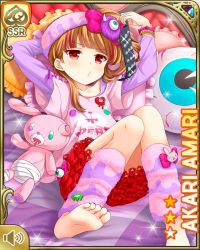 Rule 34 | 1girl, amari akari, barefoot, beads, bedroom, bored, bow, brown hair, card (medium), character name, closed mouth, day, eyeball, feet, frilled skirt, frills, girlfriend (kari), hair ornament, indoors, kneehighs, lace, looking at object, lying, multicolored hair, nail polish, official art, on back, ponytail, pout, purple shirt, qp:flapper, red eyes, red skirt, scrunchie, shirt, short hair, side ponytail, sidelocks, skirt, socks, soles, solo, streaked hair, stuffed animal, stuffed toy, tagme, teddy bear