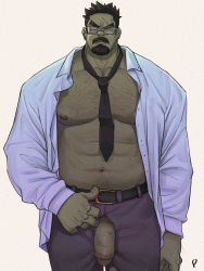 Rule 34 | 1boy, abs, alittlep, bara, bare pectorals, belt, between pectorals, black necktie, bulge, chest hair, collared shirt, cowboy shot, dark-skinned male, dark skin, facial hair, flaccid, glasses, goatee, highres, large pectorals, looking at viewer, male focus, mature male, muscular, muscular male, mustache, navel, navel hair, necktie, necktie between pectorals, nipples, open clothes, open fly, open shirt, original, pectorals, penis, salaryman, shirt, short hair, sideburns, solo, spiked hair, stomach, thick eyebrows, uncensored