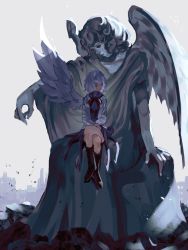 Rule 34 | 1girl, angel statue, angel wings, boots, bow, bowtie, breasts, brown footwear, cityscape, closed mouth, crossed legs, crossed wrists, curly hair, dress, expressionless, feathered wings, full body, hands on lap, highres, jacket, kishin sagume, large breasts, long sleeves, looking away, looking to the side, naufaldreamer, purple dress, red bow, red bowtie, red eyes, rubble, short hair, silver hair, simple background, single wing, sitting, solo, statue, touhou, white background, white jacket, wings