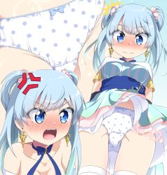 Rule 34 | 1girl, anger vein, angry, blue dress, blue eyes, blue hair, blue ribbon, blue sash, blush, bow, bow panties, commission, dress, earrings, frilled dress, frills, hair ornament, hair scrunchie, highres, jewelry, kuu nekoneko, looking at viewer, magia record: mahou shoujo madoka magica gaiden, magical girl, mahou shoujo madoka magica, medium hair, minami rena, multiple views, musical note, neck ribbon, off-shoulder dress, off shoulder, panties, pink scrunchie, pixiv commission, polka dot, polka dot panties, ribbon, sash, scrunchie, short twintails, shouting, striped clothes, striped dress, thighhighs, tsundere, twintails, underwear, vertical-striped clothes, vertical-striped dress, white thighhighs, wind, wind lift