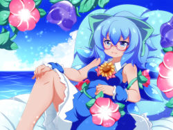 Rule 34 | 1girl, bare shoulders, bespectacled, blue dress, blue eyes, blue hair, blue sky, blush, bow, breasts, cirno, cloud, day, dress, flower, glasses, green bow, hair bow, hidden star in four seasons, looking at viewer, morning glory, oborotsuki kakeru, ocean, parted lips, red-framed eyewear, semi-rimless eyewear, sitting, sky, sleeveless, sleeveless dress, small breasts, smile, solo, sunflower, tan, touhou, under-rim eyewear, wrist cuffs