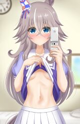 Rule 34 | 1girl, absurdres, animal ears, bed, blue eyes, blurry, blurry background, blush, breasts, cellphone, closed mouth, commentary request, grey hair, hair between eyes, hair ornament, highres, horse ears, horse girl, kusarigama sshimi, lifting own clothes, looking at viewer, navel, no bra, phone, school uniform, selfie, small breasts, solo, stomach, sweat, umamusume, window, wonder acute (umamusume)