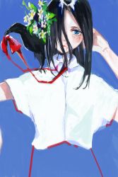 Rule 34 | 1girl, absurdres, animal, animal on shoulder, bird, bird on shoulder, black hair, blue eyes, bow, closed mouth, crow, flower, hair over one eye, heremia, highres, long hair, original, red neckwear, simple background, sketch, solo, white background, white flower