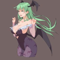 Rule 34 | 1girl, animal print, bat print, breasts, capcom, cleavage, clothing cutout, curvy, detached sleeves, green hair, grey background, head wings, heart, heart cutout, large breasts, leotard, licking lips, long hair, morrigan aensland, pantyhose, print pantyhose, ryusuke1234, simple background, solo, tongue, tongue out, vampire (game), wings, yellow eyes