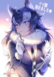 Rule 34 | 10s, 1girl, animal ears, black hair, blue eyes, breasts, fang, fur collar, gloves, grey wolf (kemono friends), hair between eyes, heart, heterochromia, ikezaki misa, kemono friends, large breasts, lips, long hair, long sleeves, looking at viewer, multicolored hair, necktie, notebook, pencil, plaid, plaid skirt, skirt, solo, sparkle, tail, twitter username, two-tone hair, upper body, white gloves, white hair, wolf ears, wolf tail, yellow eyes