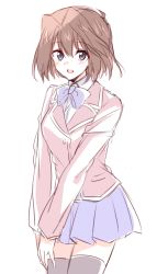 Rule 34 | 1girl, :d, blue bow, blue eyes, blush, bow, bowtie, breasts, brown hair, collared shirt, jacket, looking at viewer, mazaki anzu, nemu mohu, open mouth, pink jacket, pleated skirt, school uniform, shirt, short hair, simple background, skirt, smile, solo, thighhighs, v arms, white background, yu-gi-oh!, yu-gi-oh! duel monsters, zettai ryouiki
