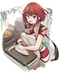 Rule 34 | 1girl, absurdres, apron, blush, breasts, cutting board, food, hair ornament, highres, knife, kurokaze no sora, large breasts, looking away, medium hair, open mouth, pyra (xenoblade), red eyes, red hair, red shorts, shadow, short shorts, short sleeves, shorts, sidelocks, solo, swept bangs, upper body, white background, xenoblade chronicles (series), xenoblade chronicles 2
