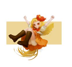 Rule 34 | 1girl, absurdres, animal, animal on head, arms up, bird, bird on head, blonde hair, bloomers, chinese commentary, closed mouth, commentary request, dress, feathered wings, highres, long hair, niwatari kutaka, on head, orange dress, puffy short sleeves, puffy sleeves, red eyes, short sleeves, simple background, solo, touhou, underwear, very long hair, white bloomers, wings, wrist (wrist0000), yellow background, yellow wings