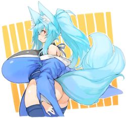 Rule 34 | 1girl, animal ear fluff, animal ears, aqua hair, ass, blue kimono, blush, breasts, cowboy shot, curvy, fox ears, fox girl, fox tail, from side, gigantic breasts, huge ass, japanese clothes, kimono, kitsune, long hair, looking at viewer, mole, mole under eye, obi, original, ponytail, red eyes, sachito, sash, sidelocks, solo, tail, thick thighs, thighhighs, thighs, wide hips