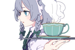 Rule 34 | 1girl, absurdres, black dress, blue eyes, blush, braid, collared shirt, cup, dress, grey hair, highres, holding, holding tray, izayoi sakuya, kame (kamepan44231), maid, maid headdress, open mouth, profile, puffy short sleeves, puffy sleeves, shirt, short hair, short sleeves, simple background, solo, touhou, tray, twin braids, upper body, white background, white shirt