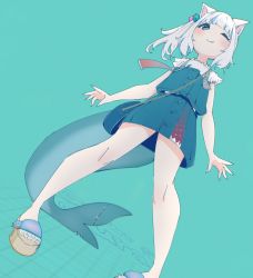 Rule 34 | 1girl, animal ears, aqua background, blue eyes, blue hair, blue nails, cat ears, character name, fang, fins, fish tail, from below, gawr gura, gawr gura (casual), hair ornament, highres, hololive, hololive english, looking at viewer, multicolored hair, nail polish, ocha (popopogg), one eye closed, ponytail, sandals, shark tail, short sleeves, side ponytail, simple background, solo, standing, suspenders, tail, toenail polish, toenails, virtual youtuber, white hair