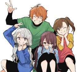 Rule 34 | 1boy, 3girls, ahoge, alternate costume, aoi yusuke, arm up, asymmetrical bangs, asymmetrical hair, black pants, black shorts, blue shirt, braid, brown eyes, brown hair, clenched teeth, closed eyes, covering own mouth, feet out of frame, fingernails, futami mami, green shirt, grey hair, hair between eyes, hand up, hands on own cheeks, hands on own face, hands up, high side ponytail, highres, hisakawa nagi, idolmaster, idolmaster (classic), idolmaster cinderella girls, idolmaster shiny colors, idolmaster side-m, in-franchise crossover, kneeling, knees to chest, kyouno, light blush, long hair, long sleeves, looking at viewer, low twintails, miroir (idolmaster), multicolored clothes, multiple girls, one eye closed, open mouth, orange hair, osaki tenka, pants, shirt, short hair, shorts, shy, siblings, side ponytail, sidelocks, simple background, sitting, smile, squatting, straight-on, straight hair, teeth, trait connection, twins, twintails, v, w (idolmaster), white background
