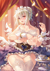 Rule 34 | 1girl, bed, blonde hair, bra, bra lift, braid, breasts, breasts out, clothes lift, collarbone, covering privates, covering breasts, curvy, female focus, garter straps, hair between eyes, hair ornament, indoors, lace, lace-panties, lace panties, large breasts, lingerie, looking at viewer, makirin, open mouth, panties, petals, red eyes, saucer, sennen sensou aigis, serra (sennen sensou aigis), short hair, sitting, skirt, solo, tea, thighhighs, thighs, underwear, white bra, white panties, white thighhighs, wide hips