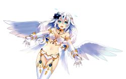 Rule 34 | 10s, 1girl, angel wings, aqua eyes, bare shoulders, black heart (neptunia), breasts, cleavage, collar, elbow gloves, flower, four goddesses online: cyber dimension neptune, gloves, hair flower, hair ornament, halo, jewelry, long hair, looking at viewer, midriff, navel, neptune (series), noire (neptunia), open mouth, outstretched arms, power symbol, power symbol-shaped pupils, simple background, smile, solo, symbol-shaped pupils, thighhighs, tsunako, white background, white hair, wings