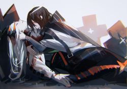Rule 34 | 2girls, arknights, black skirt, blood, blood on clothes, blood on face, brown hair, chinese commentary, commentary request, death, dragon horns, dragon tail, closed eyes, feather hair, grey background, high-waist skirt, highres, horns, hug, llmia4, long hair, long sleeves, lying, multiple girls, nail polish, on back, orange nails, sad, saria (arknights), shirt, short hair, silence (arknights), skirt, tail, white hair, white shirt