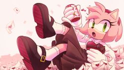 Rule 34 | 1girl, absurdres, alternate costume, ame (beeames), amy rose, animal ears, animal nose, arm up, bow, box, box of chocolates, brown bow, brown footwear, brown skirt, can, collared shirt, drink can, eyelashes, furry, furry female, gloves, green eyes, hairband, hand up, heart, heart-shaped box, hedgehog ears, hedgehog girl, highres, holding, holding can, leg up, letter, long sleeves, looking at viewer, love letter, lying, on back, open mouth, pink background, pink fur, pink hairband, puffy long sleeves, puffy sleeves, shirt, shoes, simple background, skirt, socks, soda can, solo, sonic (series), tongue, white gloves, white shirt, white socks